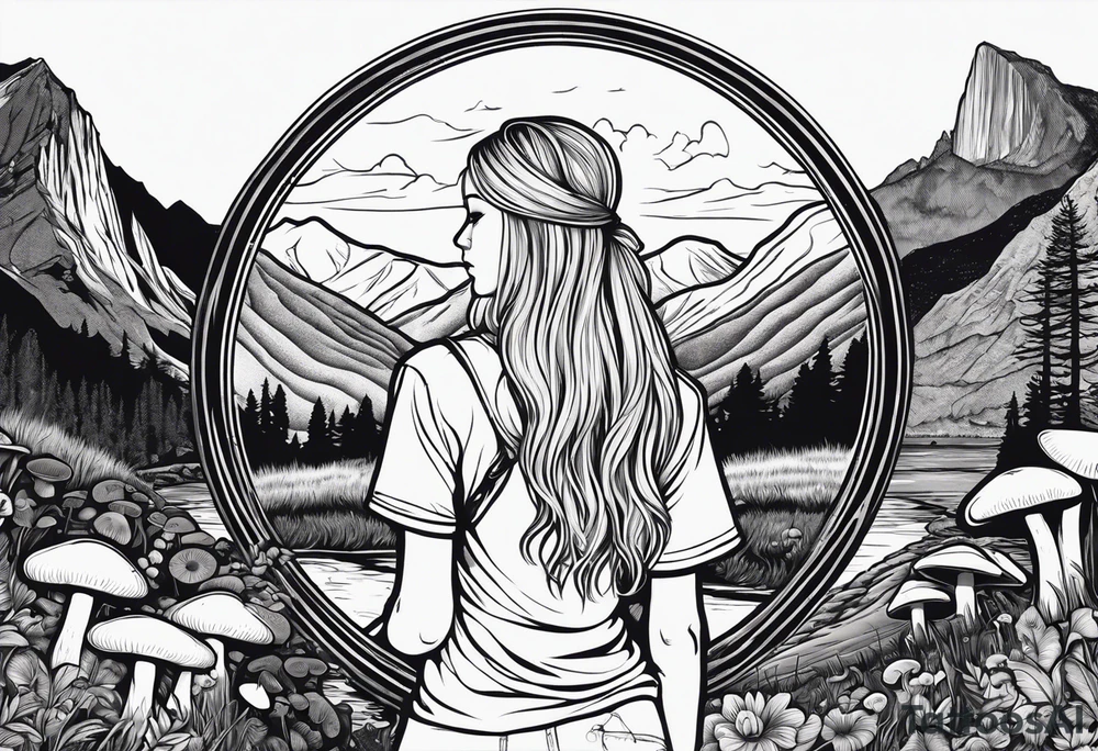 Whole picture encircled fully

Straight long blonde hair hippie girl in distance holding mushrooms in hand facing away toward mountains and creek surrounded by mushrooms long sleeve shirt and hiking pants; whole rendering within a full circle, no cut off circle tattoo idea