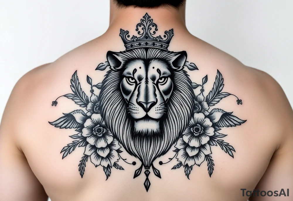 powerful majestic lion with a crown, surrounded by floral ornaments and birds tattoo idea