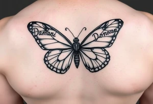 Butterfly withe the name Damani made in one wing and the other wing with the name Donovan. The body made with the name Dalyla. tattoo idea