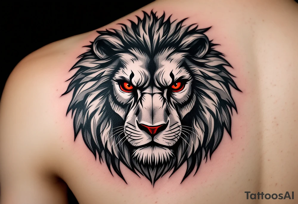 A black and white Czech lion with red eyes, giving it an intense and fierce appearance, symbolizing resilience and determination. tattoo idea