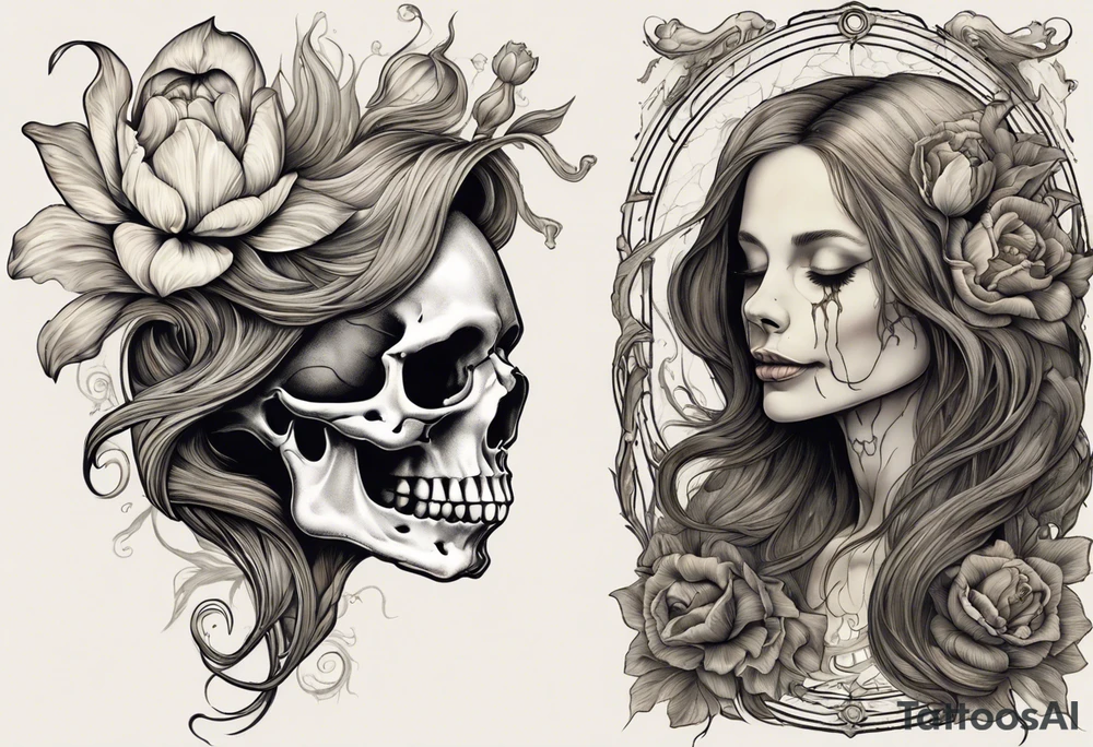 A profile view of a joyful female skull adorned with flowing, long hair, surrounded by symbolism representing the cycle of life and decay. Include a contrast between a fully decayed tulip, a pristine and vibrant tulip in full bloom, and a delicate tulip bud, all harmonizing with the eerie yet beautiful ambiance of the scene. tattoo idea