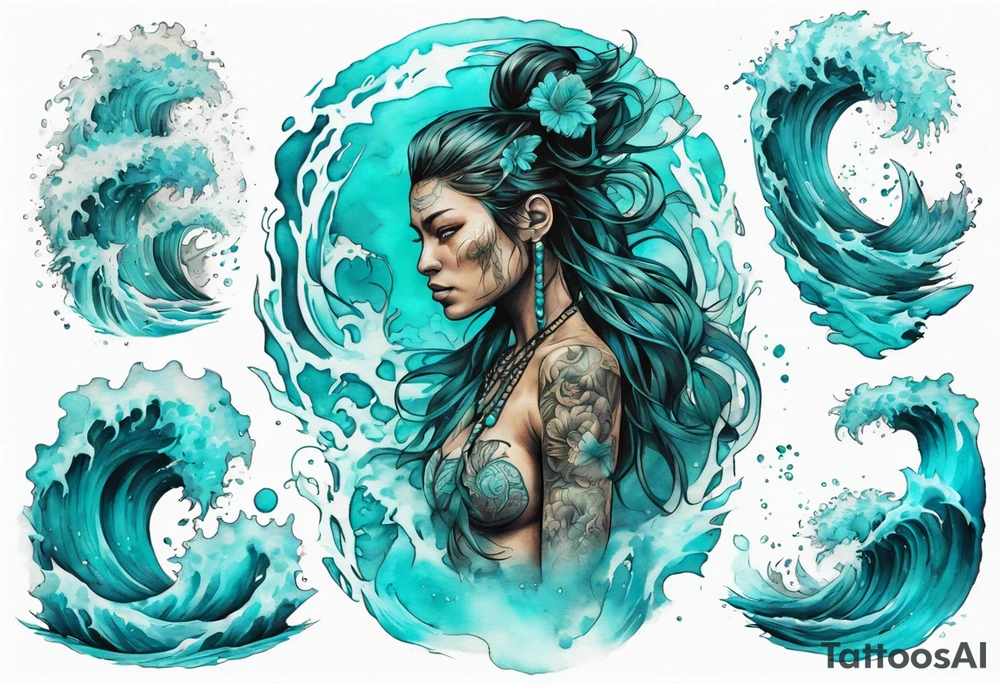 a turquoise Na'vi woman standing in the sea surrounded by crashing waves tattoo idea