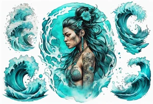 a turquoise Na'vi woman standing in the sea surrounded by crashing waves tattoo idea