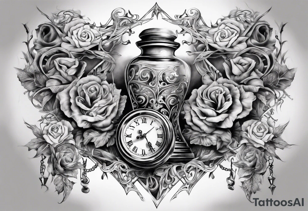 lots of filagree on the chest going onto the shoulder. include an hour glass tattoo idea