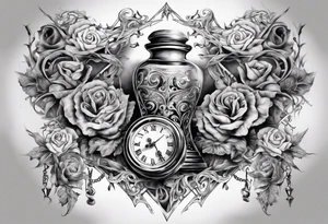 lots of filagree on the chest going onto the shoulder.  include an hour glass tattoo idea