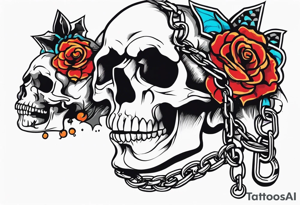 Tattoo in the neck of a skull freeing itself from its chains that prevents it from expressing itself. tattoo idea