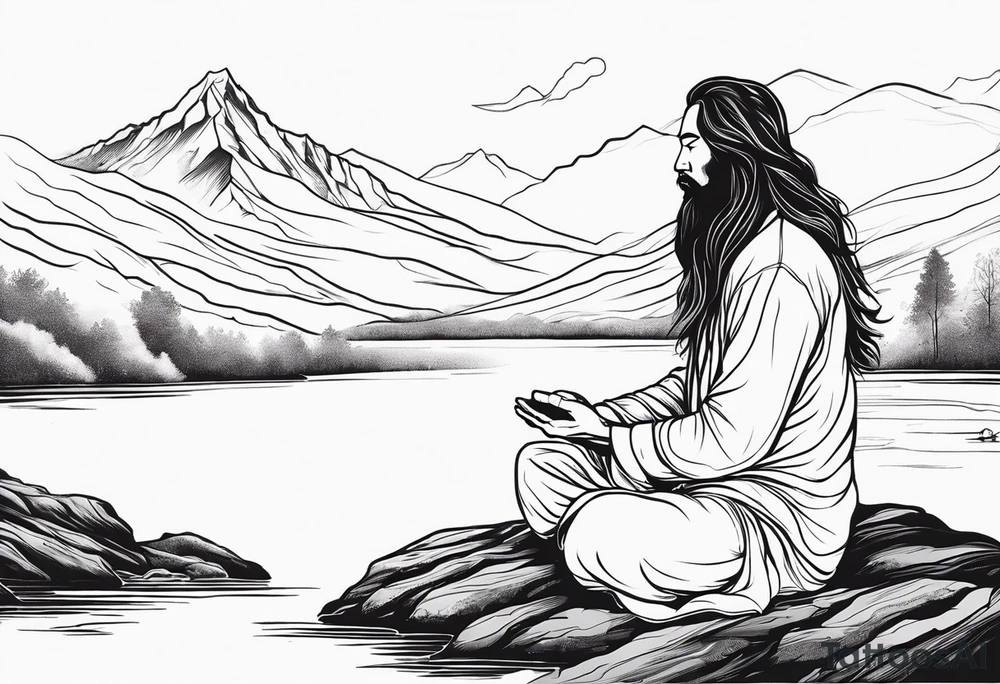 a meditating long haired man by the mountain river, the sky is covered with quantum energy tattoo idea