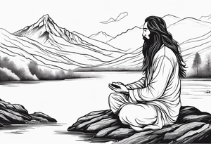 a meditating long haired man by the mountain river, the sky is covered with quantum energy tattoo idea