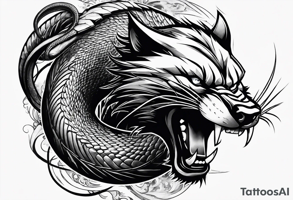 A wolverine animal fighting a snake with a vertical layout to go from shoulder to bicep tattoo idea