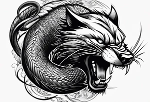 A wolverine animal fighting a snake with a vertical layout to go from shoulder to bicep tattoo idea