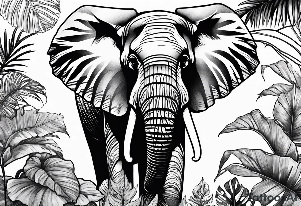 “A majestic elephant with its trunk raised, surrounded by tropical foliage, symbolizing memory and strength tattoo idea