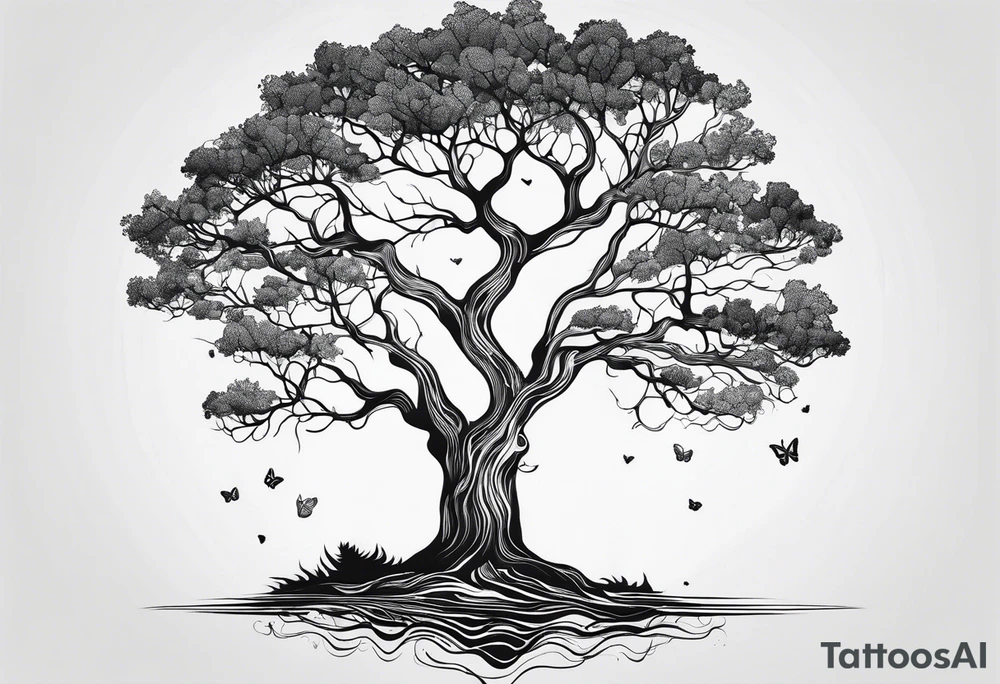 One line tattoo of oak tree with little gift at the bottom tattoo idea