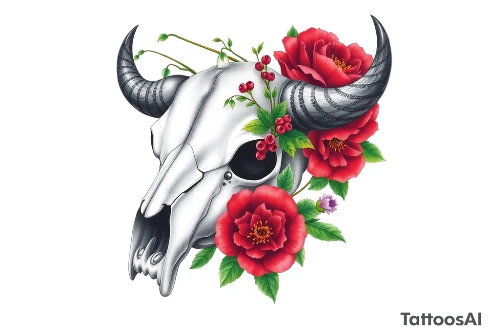 Buffalo or bison skull with flowers. Snow drop and red peony. Green holly with red berries, purple larkspur, red peony.  Colour. For upper arm or shoulder. Masculin. tattoo idea