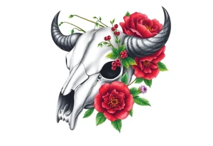 Buffalo or bison skull with flowers. Snow drop and red peony. Green holly with red berries, purple larkspur, red peony.  Colour. For upper arm or shoulder. Masculin. tattoo idea