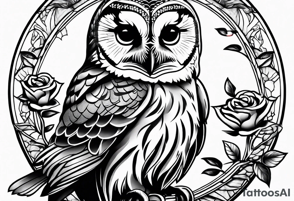 Barred owl with a single rose tattoo idea