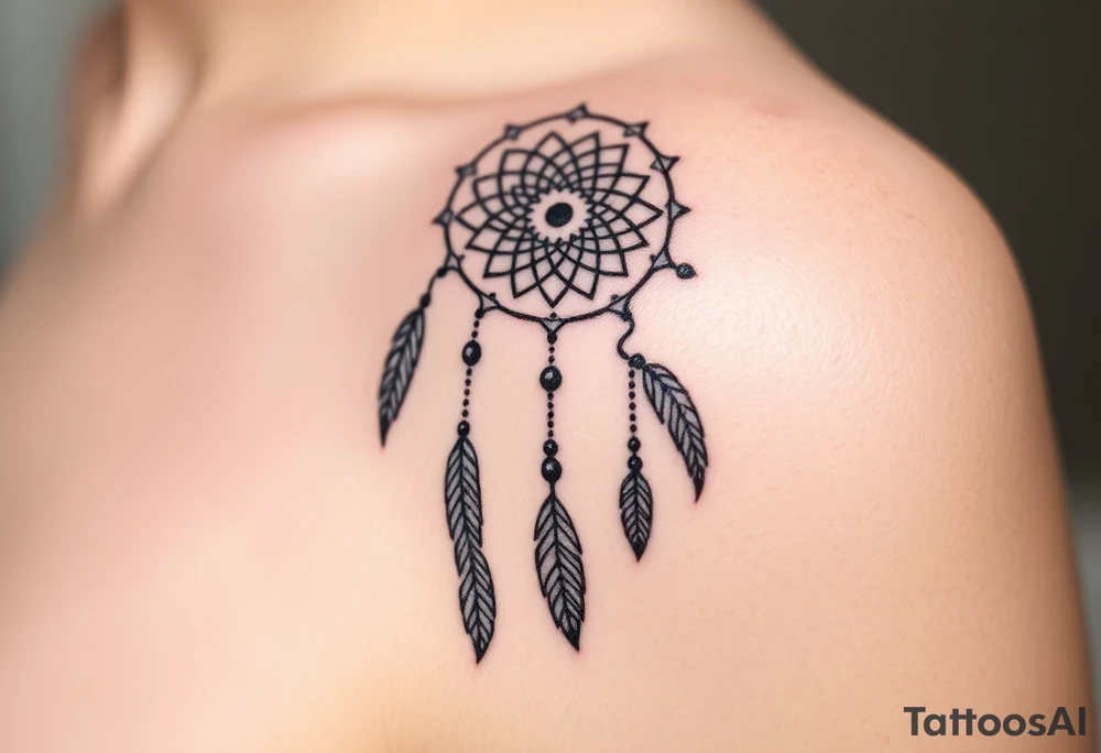 native dreamcatcher with flowing feathers and sacred beads tattoo idea