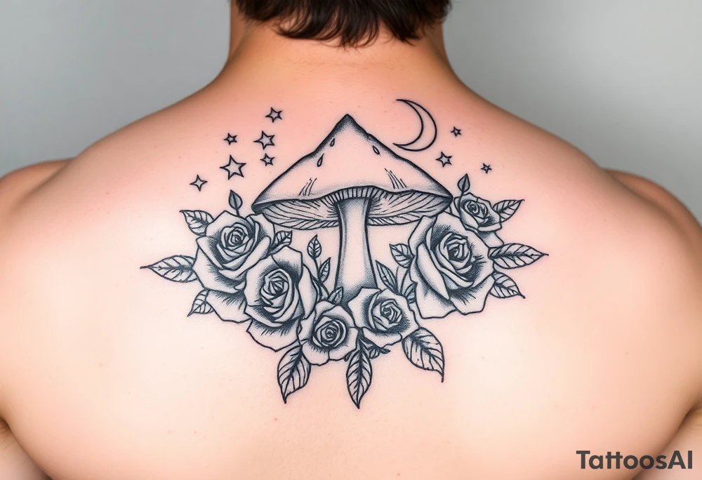 Fairy mushroom surrounded by roses and stars and moon tattoo idea