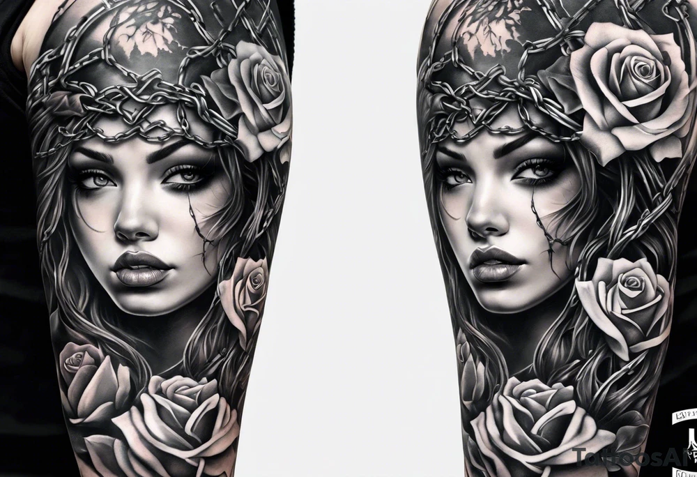 tattoo fool sleeve, tree roots break out of the chains, broken mask, girl, roses tattoo idea
