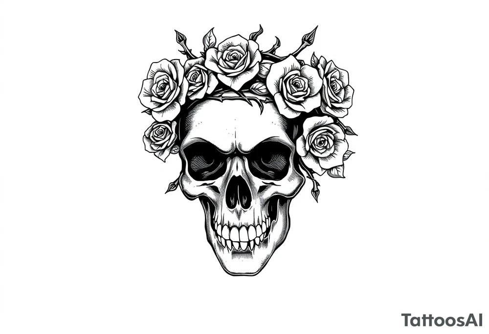 ornate skull adorned with crown of wild roses and thorns tattoo idea
