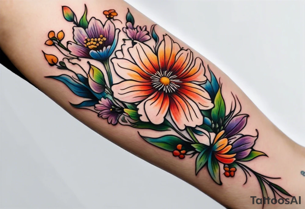 simple long stem wildflower bouquet across foot tattoo idea