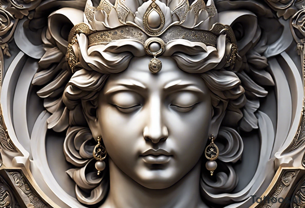 Visualize a mesmerizing tattoo featuring a majestic marble statue depicted in the process of breaking free from its stone confines, symbolizing the liberation of the mind and the pursuit of higher understanding. The statue's form, sculpted with meticulous detail, appears to be emerging from a celestial shell adorned with cosmic motifs and swirling galaxies. As the shell fractures, radiant beams of light pierce through, illuminating the surrounding space in a breathtaking display of enlightenment and awakening. In the background, a vast expanse of stars and celestial bodies stretches into infinity, evoking a sense of wonder and boundless potential. This tattoo serves as a powerful metaphor for breaking free from limitations and embracing the expansive universe of knowledge and possibility. tattoo idea