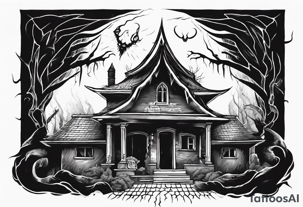 A black demonic shadow lifting the roof, peering out into the surroundings with an ominous presence. tattoo idea