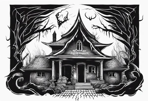 A black demonic shadow lifting the roof, peering out into the surroundings with an ominous presence. tattoo idea