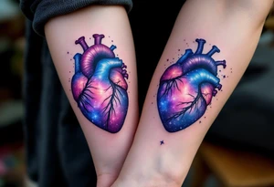 Blue and purple galaxy anatomical hearts matching across both upperarms, symbolizing cosmic connection. tattoo idea