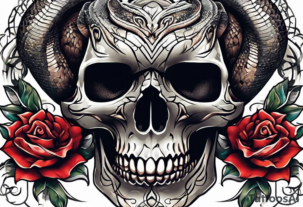 Snake intertwined into a realistic skull coming through the eye ready to strike Mexican style tattoo idea