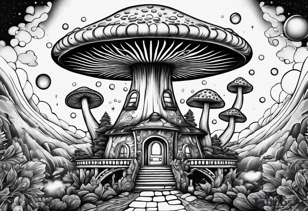 Psychedelic mushroom rocketship bursting out of bubble into spiritual realm tattoo idea
