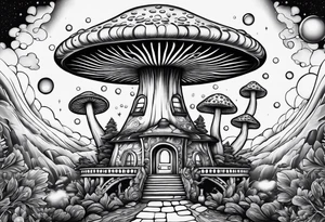 Psychedelic mushroom rocketship bursting out of bubble into spiritual realm tattoo idea