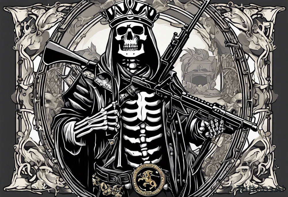 image of a skeleton standing frontally with a crown on his head, holding an AK-47 on his shoulder with his right hand. The chain on the left should be taut, there are three angry barking Dobermans in it, near the waist tattoo idea