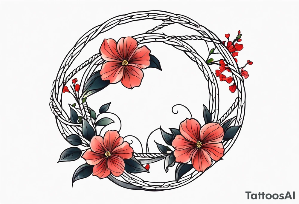 rope made out of vine in a cricle with 生涯の兄弟 in the middle with light red majestic flowers around for the bottom wrist tattoo idea