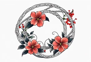 rope made out of vine in a cricle with 生涯の兄弟 in the middle with light red majestic flowers around for the bottom wrist tattoo idea