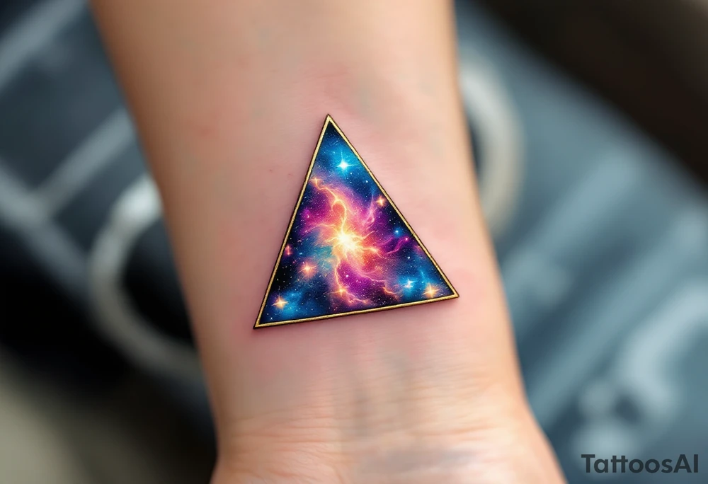 A gold-outlined triangle with a galaxy background, capturing the mystery of the universe. tattoo idea