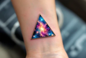 A gold-outlined triangle with a galaxy background, capturing the mystery of the universe. tattoo idea