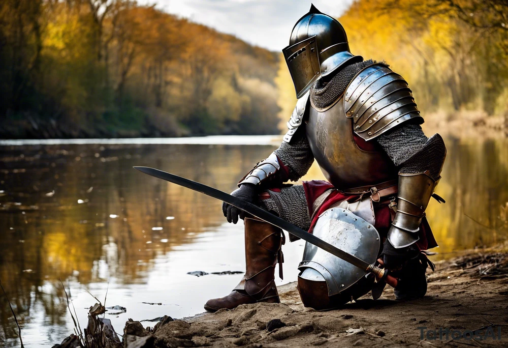 A knight in full armor, severely damaged, is kneeling at the edge of a calm river. His helmet is raised, revealing a face marked by fatigue, sweat, and dirt. His armor bears the traces of a fierce battle: scratches, dents, and dried blood stains. He holds his sword, embedded in the ground, and a battle-scarred shield rests beside him. The knight gazes at the water, finding a moment of respite in the tranquility of the surrounding landscape. tattoo idea