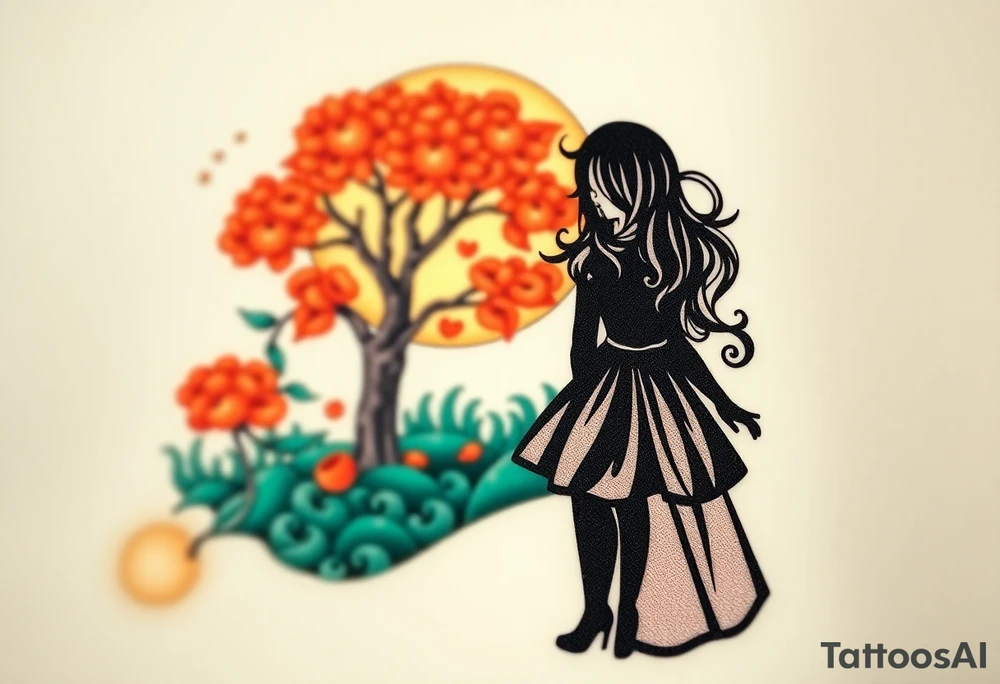 Alice in wonderland silhouette. Perspective from the back. She is entering a garden and seeing an orange tree. tattoo idea