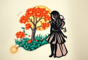 Alice in wonderland silhouette. Perspective from the back. She is entering a garden and seeing an orange tree. tattoo idea