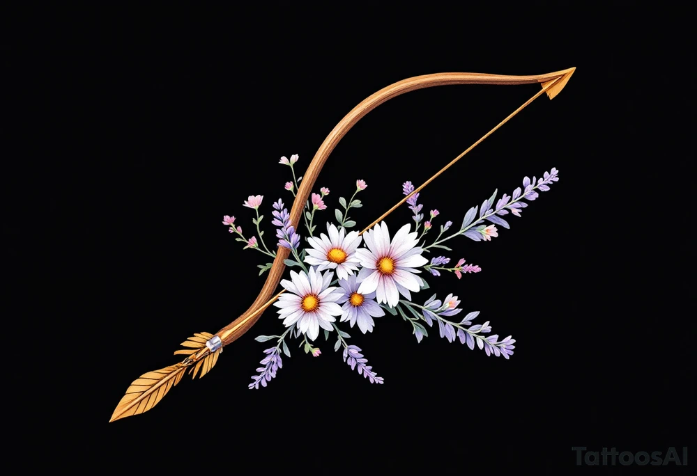 A wooden bow and arrow with a delicate set of wildflowers (like lavender and daisies) intertwined in the string. The bow is shaded in earthy browns, and the flowers have soft purple, pink, and white hues, symbolizing Sagittarius’ love for nature and beauty. The arrow has a subtle golden shimmer. tattoo idea