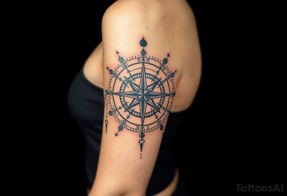antique compass rose overlaid on weathered world map with zodiac symbols tattoo idea