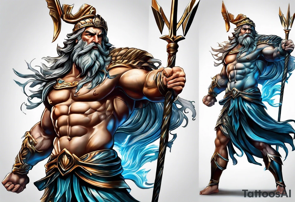 Poseidon with arrows in his back, full of anger and pain kneeling on his knee.
Make it look realistic, muscular and him masculine tattoo idea