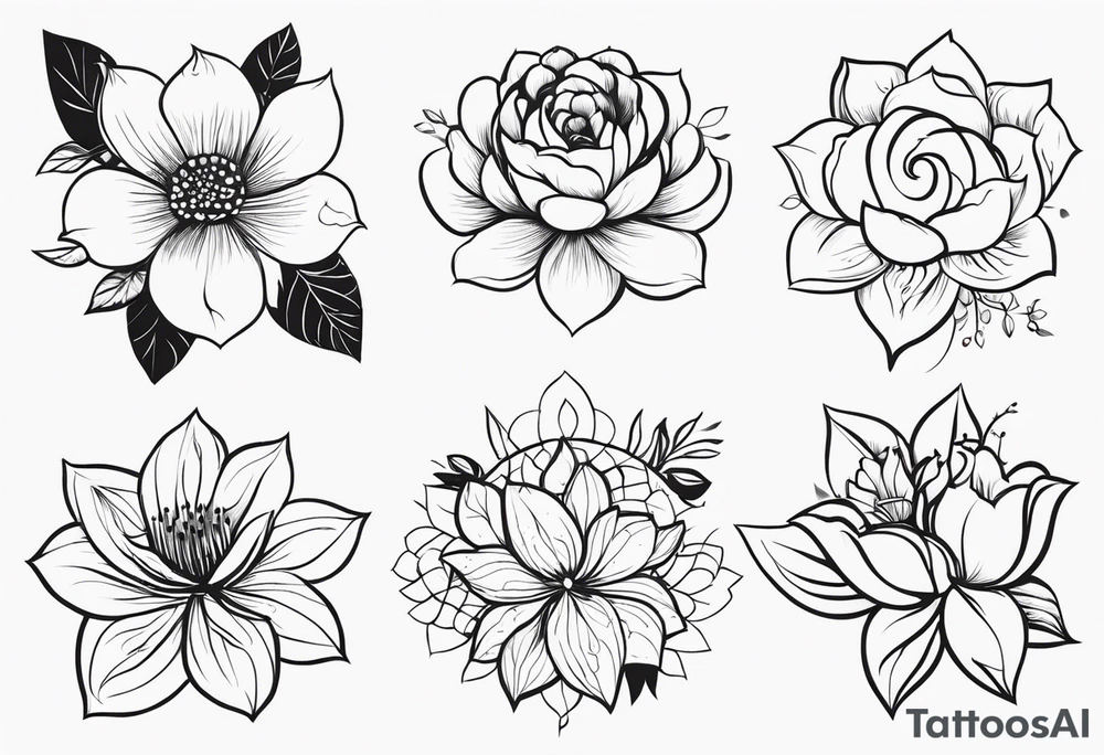 Nimna (May), Ramya (October), Dhanapala(December), Ishara (August)
create the flower bouquet with my family names and birth months tattoo idea