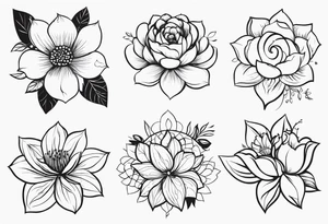 Nimna (May), Ramya (October), Dhanapala(December), Ishara (August)
create the flower bouquet with my family names and birth months tattoo idea
