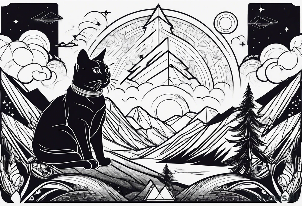 geometric mountain, space, cat in rocket tattoo idea geometric mountain, space, cat in rocket tattoo idea