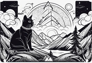 geometric mountain, space, cat in rocket tattoo idea
