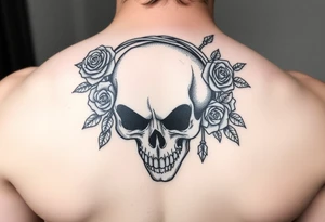 ornate skull adorned with crown of wild roses and thorns tattoo idea