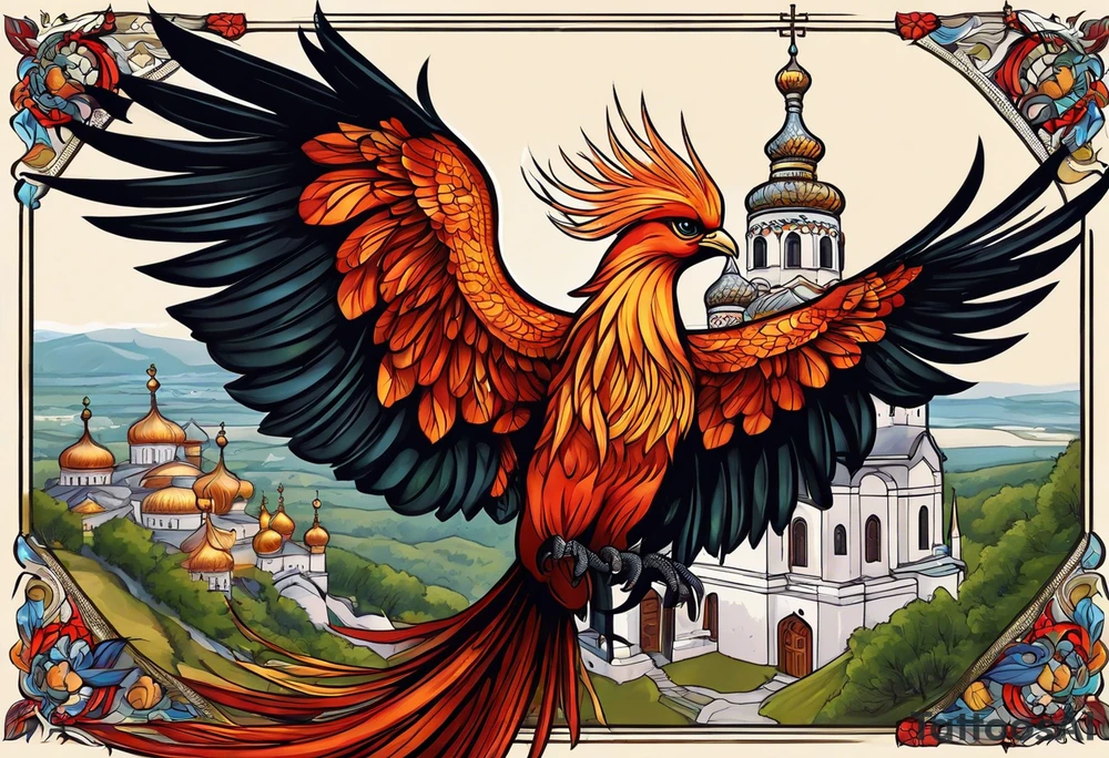 russian firebird in-flight with long fancy tail and 3 small onion cap monastery towers in background, with "Isaiah 43: 18-19" tattoo idea