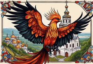 russian firebird in-flight with long fancy tail and 3 small onion cap monastery towers in background, with "Isaiah 43: 18-19" tattoo idea