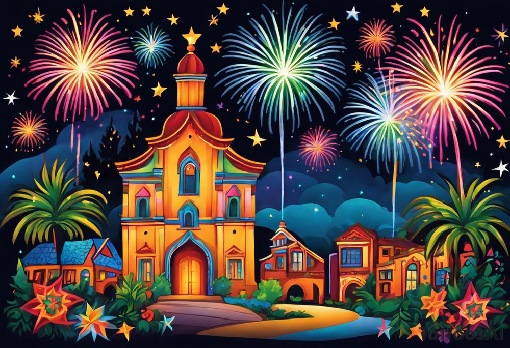 Fireworks burst across the night sky, surrounded by glowing candles and stars, capturing the magic and nostalgia of Colombian December nights. The scene is vibrant with multi-colored lights and an air of celebration. Soft linework mist or halos around the fireworks adds a magical, dreamy quality to the scene. The tattoo reflects joy and tradition, with an emphasis on warmth and festivity. tattoo idea